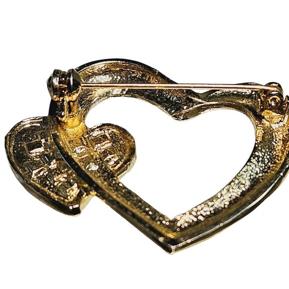 Vtg Overlapping Hearts Brooch Double Love Connection Rhinestones Pin Gold Tone - Picture 5 of 7
